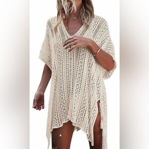 Cream Crochet V-Neck Swim Cover-Up Tunic